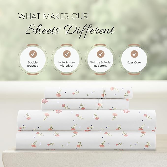 Linen Market Patterned Microfiber King Sheet Set 4 Piece – Oeko-TEX Certified Ultra Soft & Wrinkle-Free - 16" Deep Pocket Sheets - Easy Care King Size - Soft Floral Pink