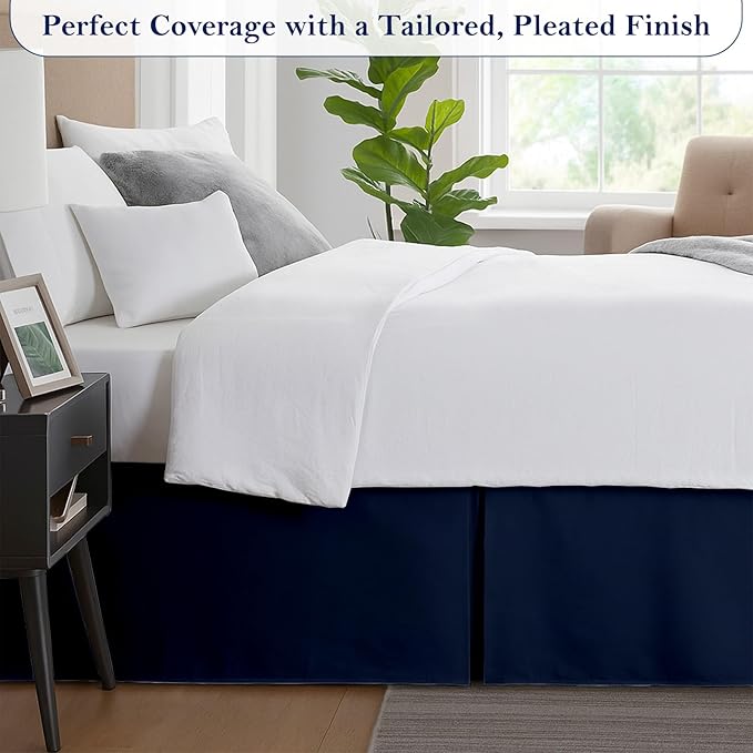 Queen Bed Skirt, Luxury 21 Inch Drop Navy Blue Pleated Bed Skirt, Double Brushed Microfiber, Box Pleat Design, Wrinkle & Fade Resistant, Easy Fit Tailored Bedskirt for Queen Size Beds