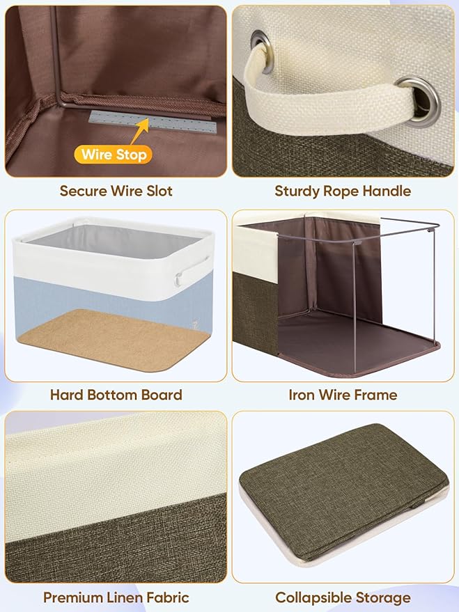 BALEINE 2 Pack Fabric Storage Bins for Shelves, Linen Storage Baskets for Organizing, Decorative Closet Bins for Clothes, Home (Brown, 14''x10''x8.5'')