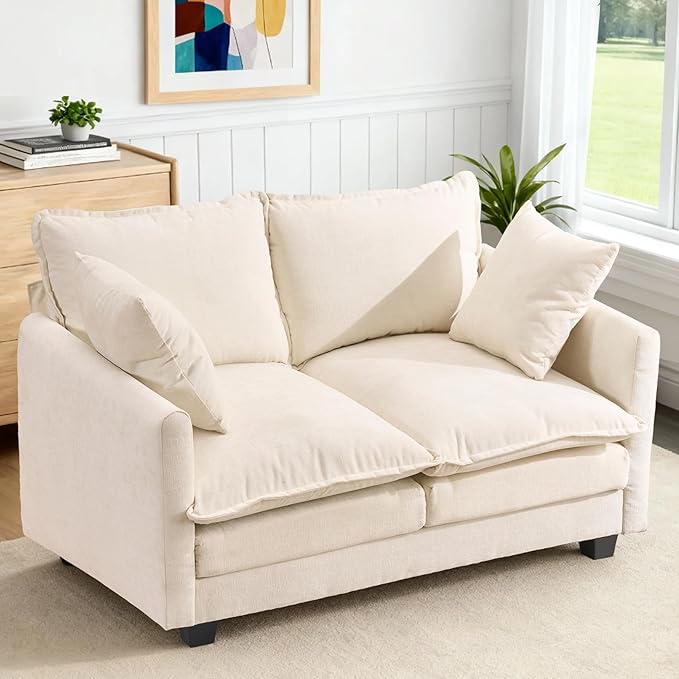 Loveseat Sofa Cloud Sofa Couch 50'', Modern Loveseats 2 Seat Couch 27" Deep Seat with 2 Pillows for Small Spaces Apartment Studio Office Bedroom Living Room 8834-BEIGE-1
