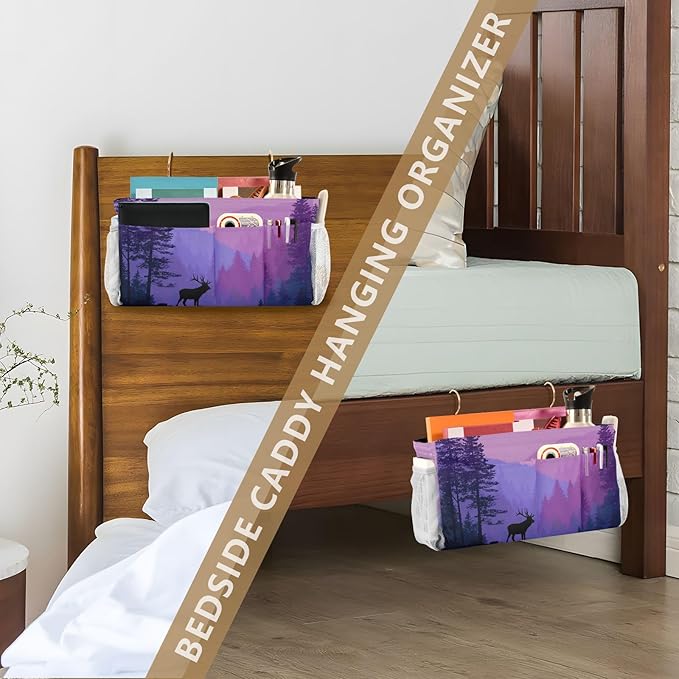 Bedside Caddy Hanging Bunk Bed Caddy Bed Organizer Hanging Pocket with 2 Hooks Bedside Storage Organizer Pocket Bag Holder Purple Stag Mountains and Forest