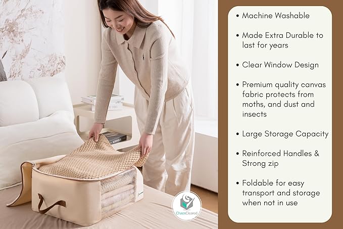 Canvas Storage Bags Designer Organizer for Comforters 2 Pack – Seasonal Storage for Pillows, Blankets, Linens & Garments – Foldable Design with Zip & Window, Moth-Proof Space Saver
