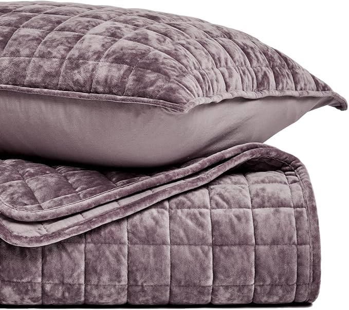RECYCO Luxury Velvet Quilt Set Full Queen Size Bedding Sets, Ultra Soft Velvet Comforter Set, Lightweight Channel Box Stitch Oversized Bedspread Coverlet for All Season, with 2 Shams, Purple