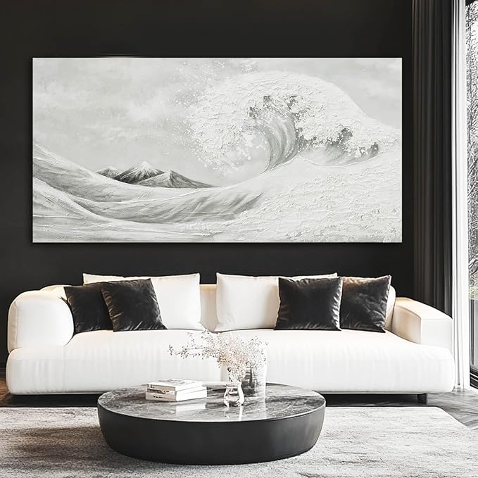 YETHEN WAL Neutral Grey Wave Wall Art – Textured Coastal Canvas Print with Hand-Painted Details, Minimalist Modern Seascape for Living Room Bedroom, 24×48 Inch