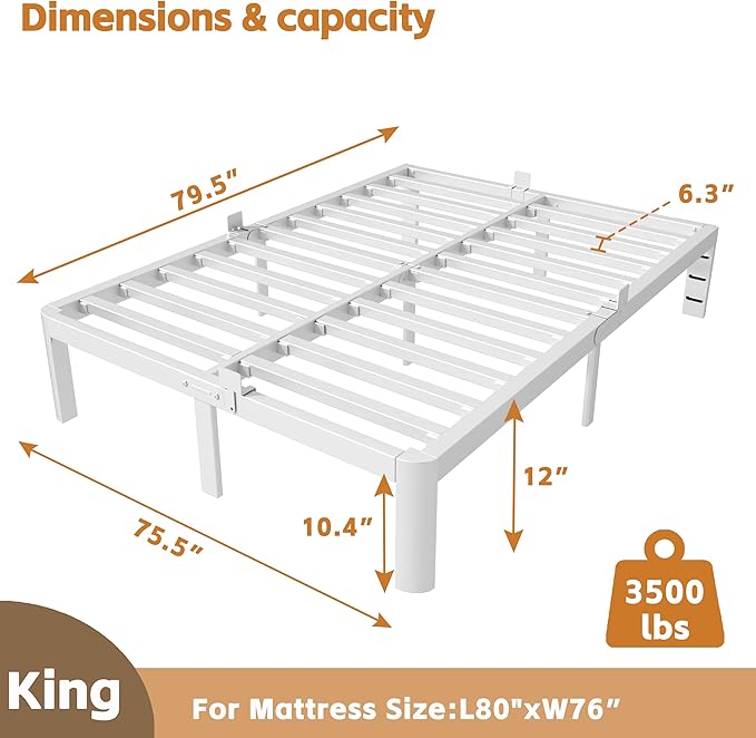 12 Inch King Size Bed Frame with Metal Gaskets, Anti-Slip Mattress Stopper, Platform Bed Frame No Box Spring Needed, Heavy Duty Steel Slat Support, Easy Assembly, White