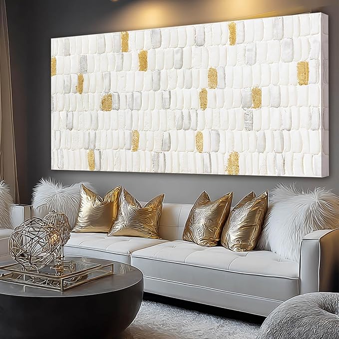 YETHEN WAL White and Gold Textured Abstract Wall Art, Minimalist Neutral Canvas Painting Modern Artwork for Living Room Bedroom Office Decor 24x48 Inch
