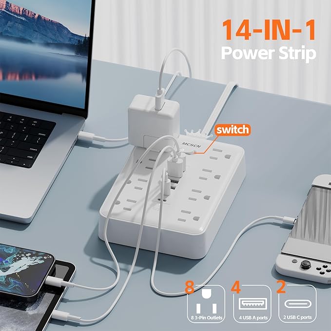 Surge Protector Power Strip(900J) -MCSCN 8 Outlets 6 USB - 15A/1875W - 10ft Extension Cord,Ultra-Thin Plug & Cord - UL Certified - Home/Office Use