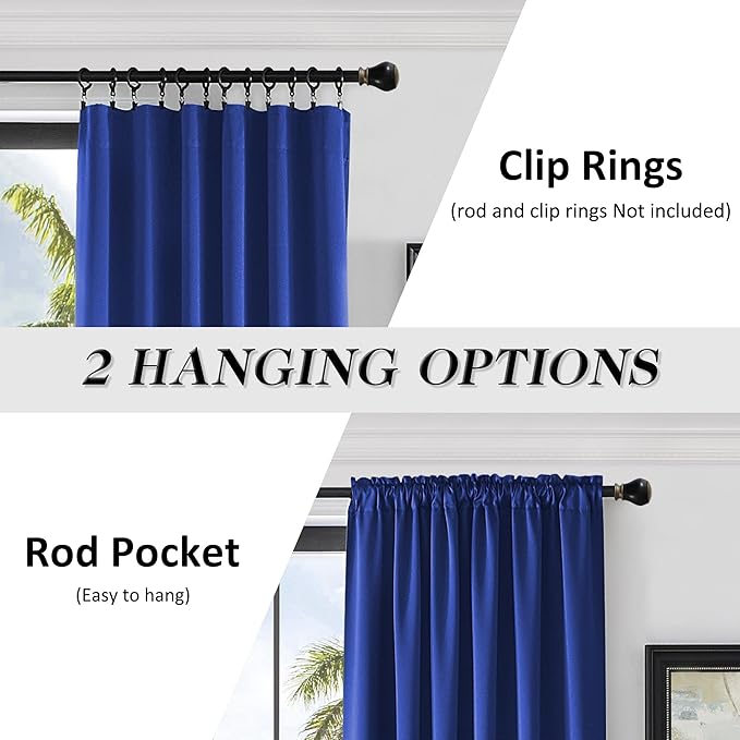 DONREN 90 Inch Curtains Blackout Thermal Insulated Rod Pocket Curtain Panels for Living Room (52 W x 90 L,2 Panels,Royal Blue)