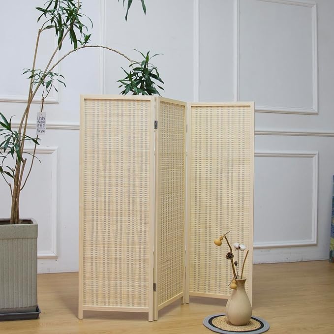 3 Panel Short Room Divider Screen,Beige Freestanding Partition,Small Bamboo Panel Divider for Room Seperation,3.95 FT Tall