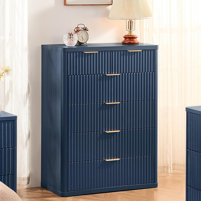 LEYAOYAO 42" Tall Fluted Dresser and 3 Drawers 23" Nightstand Set of 2, Wooden Dresser & Night Stand with Charging Station, 3 Piece Bedroom Furniture Set, Chest of Drawer for Living Room,Navy Blue