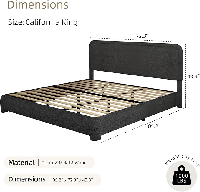 BarnFurin Boucle Upholstered California King Bed Frame/Soft Rounded Corners Headboard/Low Profile Bed Frame/No Box Spring Needed/Black