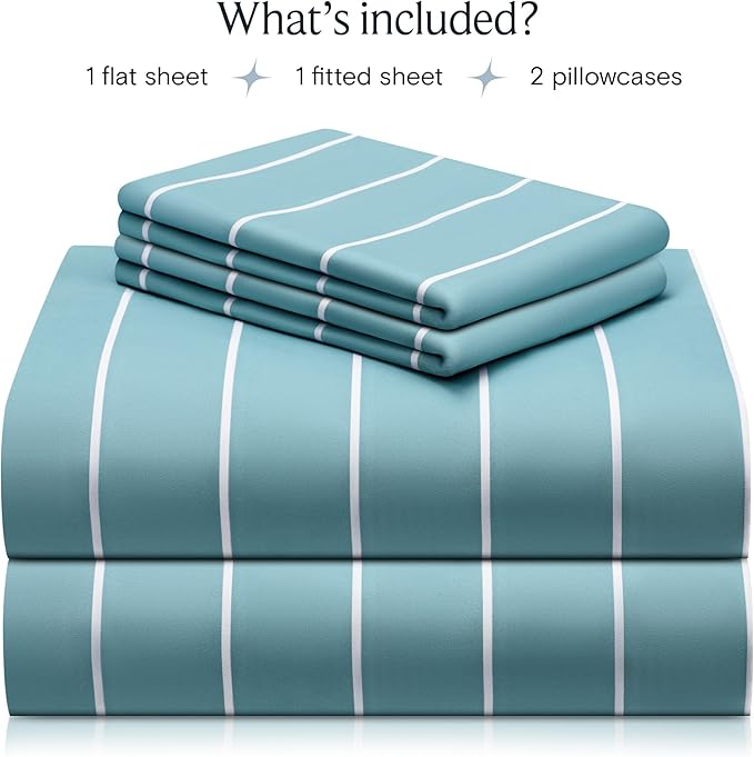 LuxClub 4 PC King Sheet Set, Deep Pockets Wrinkle Free Cooling Bed Sheets Hotel Bedding for Women, Men, Includes 1 Fitted Sheet, 1 Flat Sheet and 2 Pillowcases-Striped - Light Blue