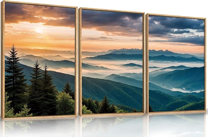 LHIUEM Large Nature Mountain Sunrise Framed Canvas Wall Art, Abstract Landscape Art Print for Living Room, Bedroom, Office - 16"x24"x3