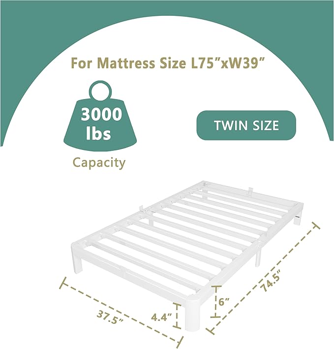 ITIMIDI 6 Inch Twin White Bed Frames, Platform Bed Frame with Metal Gaskets, Heavy Duty Steel Support 3000 LBS, No Box Spring Needed, Anti-Slip Mattress Stopper, Easy Assembly