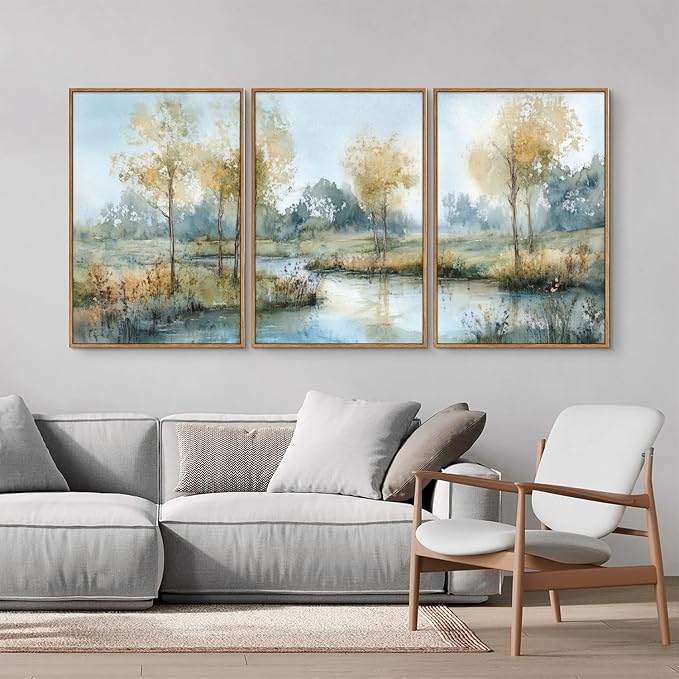 Yeehomedec Large Vintage Neutral Nature Framed Canvas Wall Art, Mid Century Modern Fall Wall Decor, Wilderness Landscape Art Painting, Rustic Country Trees Artwork for Living Room Bedroom Office 16"x24"x3
