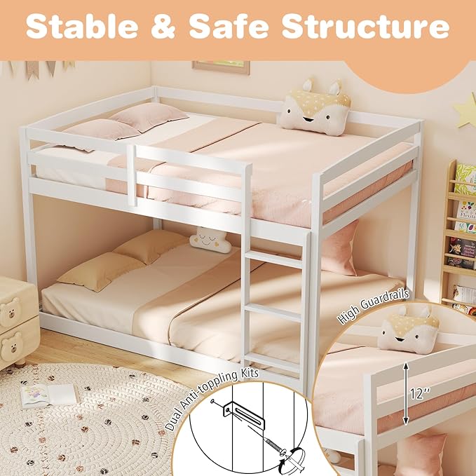 KOMFOTT Low Bunk Bed Full Over Full, Solid Wood Full Bed Frame with Built-in Ladder & Safety Guardrails, Teens, No Box Spring Needed, Space-Saving Low Bunk Bed for Kids