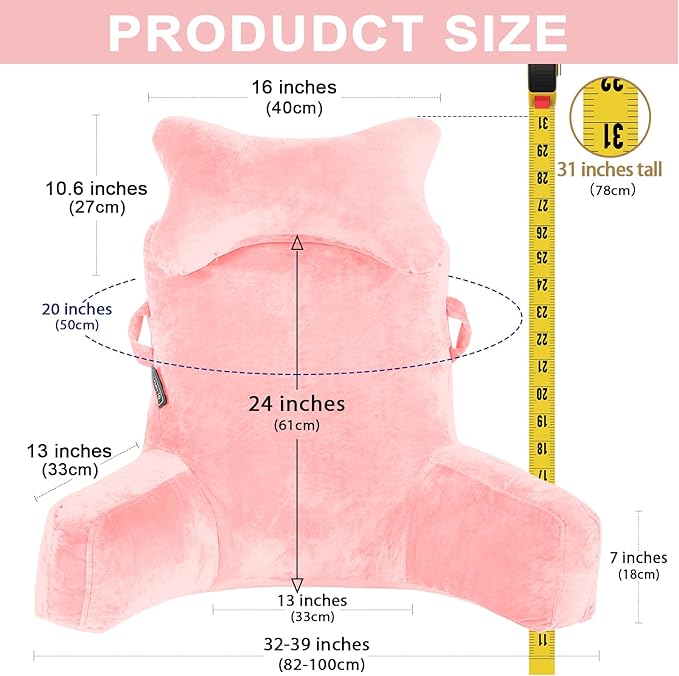 SLIGUY Reading Pillow-Bed Rest Pillow with Detachable Neck Roll & Higher Support Arm for Sitting in Bed Couch or Floor-Backrest Reading Pillow Adult Back Pillow for Reading/Watching TV/Gaming,Pink