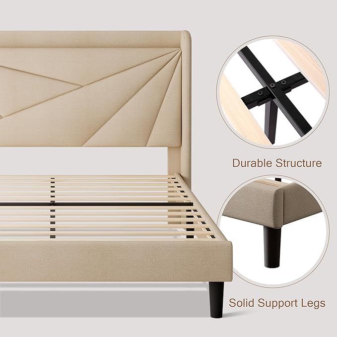 Full Size Upholstered Bed Frame with Charging Station, Platform Bed Frame with Storage Headboard, Solid Wood Slats Support, No Box Spring Needed, Beige