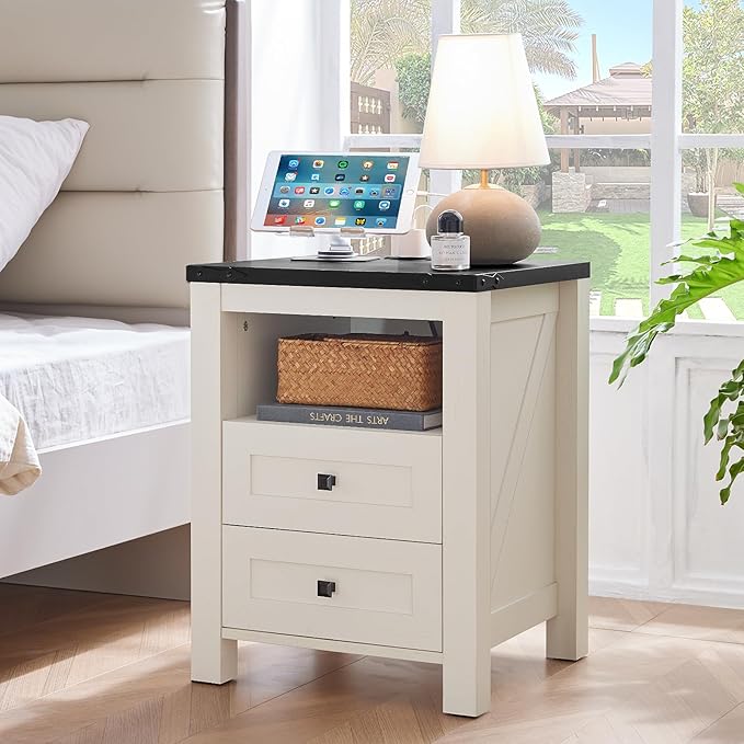 Joaxswe Night Stands with Charging Station Set of 2, Farmhouse Nightstand, White Wooden Bedside End Tables with 2 Drawers and Open Shelf, Bed Side Table for Bedroom, Living Room, Closet, Office