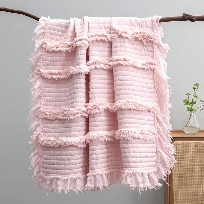 Ultra Soft Pre-Washed Quilted Throw Blanket, Ruffle Fringed Pink Boho Decorative Throw, Stone Washed Chic Rustic Blanket for Sofa Couch Bed Chair, 50"x 60"