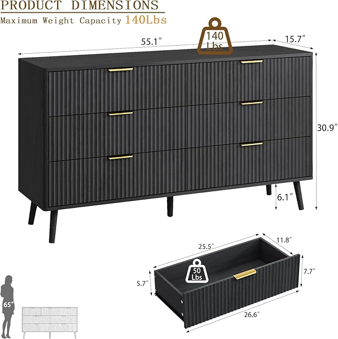 CARPETNAL Fluted 6 Drawer Dresser for Bedroom, 55" Wide Wooden Chest of Drawers with Rounded Corners, Gold Handles, Modern Storage Organizer for Bedroom, Hallway(Black)