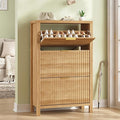 Shoe Cabinet Storage for Entryway, Fluted Shoe Cabinet with 3 Flip Drawers, Hidden Shoe Rack Tall Freestanding Shoe Organizer with Legs for Hallway, Oak