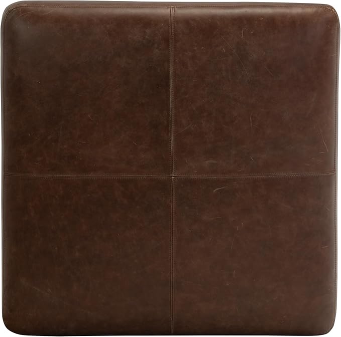 Poly & BARK Sequoia Ottoman – 35” Square Pouf with Feather-Down Topper – Full-Grain Leather Upholstered Pouf Ottoman for Living Room – Vintage Italian Leather in Chocolate Brown