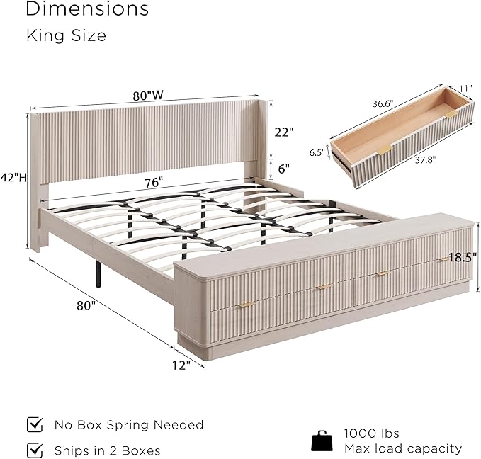 T4TREAM Fluted King Size Bed Frame with Wingback Headboard, Footboard Storage Bench with Built-in Drawers & Lift-Up Compartments, Wood & Steel Platform Bed, No Box Spring Needed, White Alder