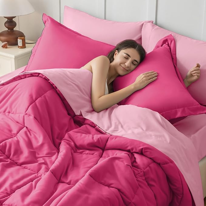 JOLLYVOGUE Queen Comforter Set, Ultra-Soft Bed in a Bag Queen Size 7 Pieces, Oeko-TEX Certified Bedding Set with Down Alternative Comforter, Sheets, Pillowcases & Shams, Hot Pink & Baby Pink