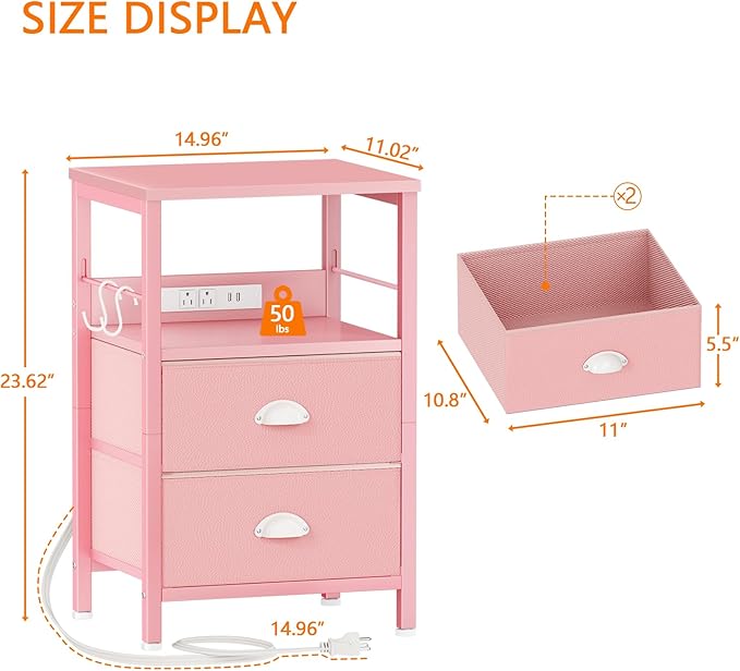 Furologee Nightstand with Charging Station, Night Stand with 2 Fabric Drawers, Side Table with USB Ports, End Table with Storage Shelf, for Living Room/Bedroom, Pink