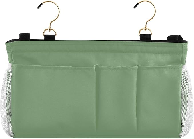 KOPIRIT Blue Gray Bedside Caddy Storage Bag Bedside Organizer for College Dorm Top Bunk Bed Hanging Bag Bedside Shelf 6 Pockets with Hooks for Drinks Magazine Phone Holder