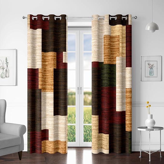 Brown Red Vintage 100% Blackout Curtains for Bedroom 84 inch Length 2 Panels Set Modern Abstract Geometric Black Out Curtains Insulated Room Darkening Window Drapes for Living Room, 52Wx84L