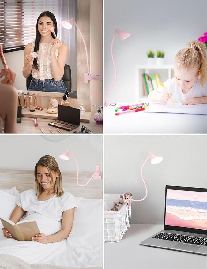 Clip on Light USB Reading Light, Eye Care Dimmable Reading Lamp Flexible Goose Neck Clip on Lamp for Bed Headboard Desk Bedside Dorm - Pink