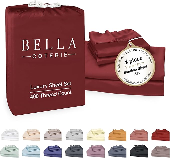 Bella Coterie Luxury Bamboo Viscose King Size Sheet Set | 100% Organically Grown | Ultra Soft | Cooling for Hot Sleepers | 18" Deep Pocket [Merlot]