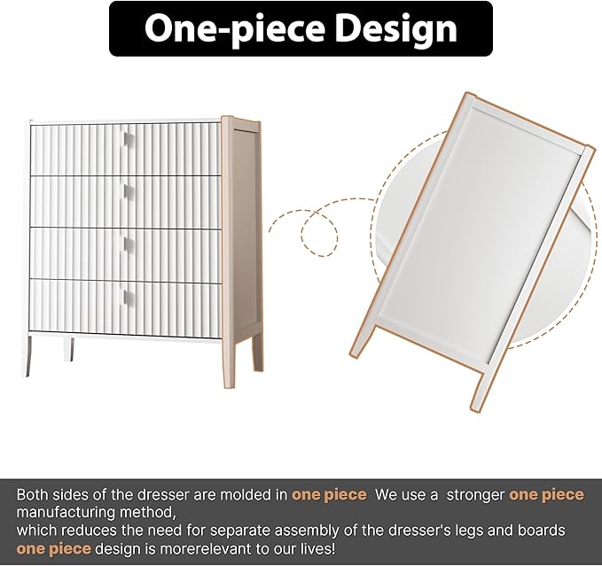 White 4 Drawer Dresser, Modern Chest of Drawers for Bedroom, Wood Fluted Dresser Organizer with Deep Drawers for Clothes, Nightstand for Bedroom, Hallway, Living Room, Entryway
