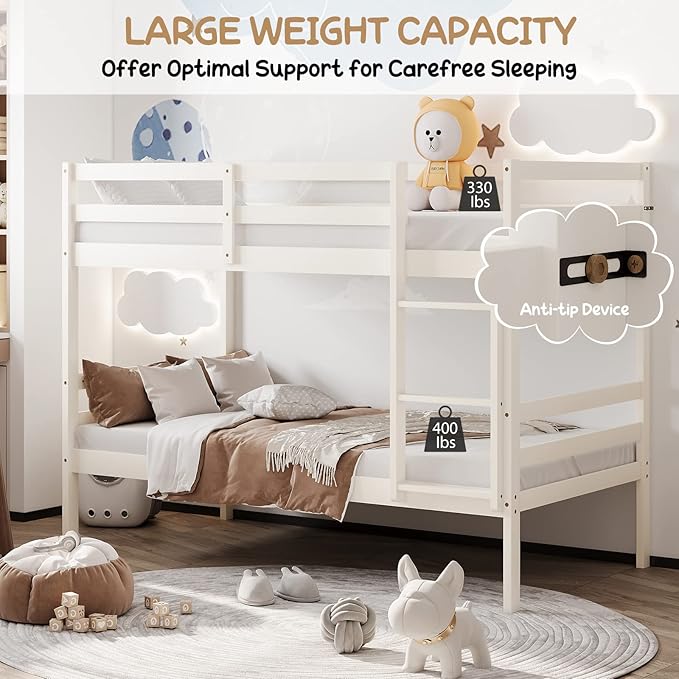KOMFOTT Wood Bunk Bed Twin Over Twin, Bunk Bed with Ladder & Safety Guardrail, Solid Wood Bed Frame, Ideal for Dormitory & Multiple-Child Family, No Box Spring Needed, Kids Bed Frame