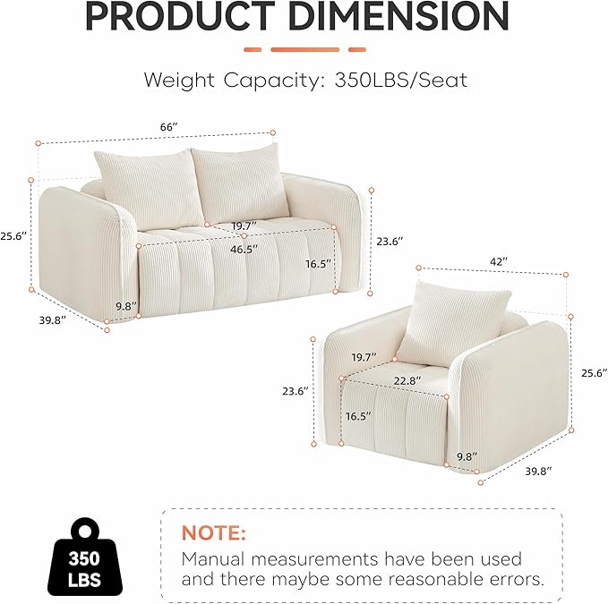 Corduroy Boneless Living Room Sets, Modern Upholstered Loveseat with 2 Signle Sofa Chairs, Comfy Deep Seat Cloud Sofa Couch Sets for Living Room, White