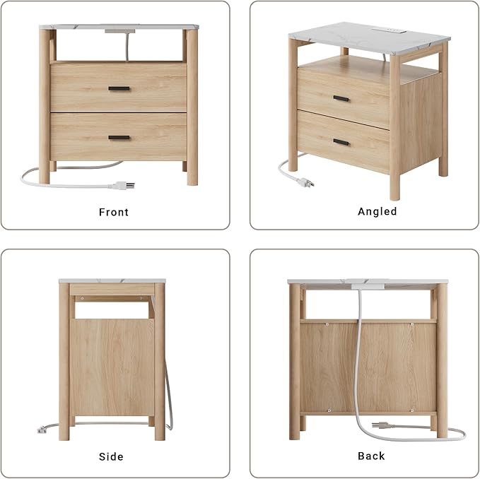 FavourLife Night Stand, 23" Wide Nightstand, Modern Large Nightstand with Charging Station & Faux Marble Top, 2 Drawer End Table with Solid Round Post Legs, Bedside Table for Bedroom, Natural Oak