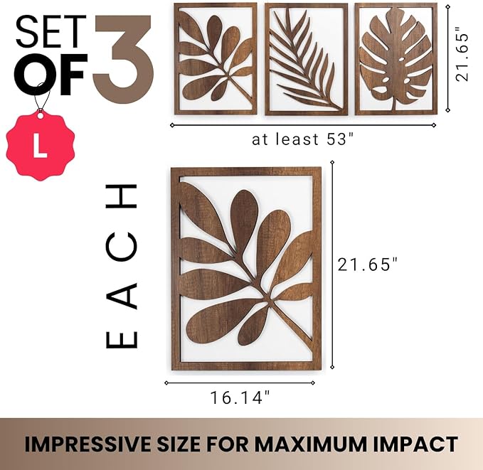 qmmp Modern Wooden Wall Sculptures - Set of 3 - Home Decor Accent - Large Wall Art for Living Room, Bedroom, Office - Easy Installation (Walnut, Large - Tree Leaves)