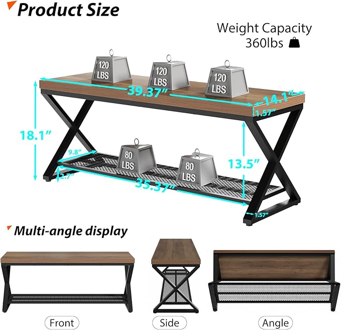 LVB Entryway Shoe Bench with Storage, 39” Entryway Bench for Foyer Hallway, Farmhouse Wood and Metal Indoor Bench for Entrance, Shoe Rack Storage Bench with Sitting for Living Room, Rustic Oak, 39 in