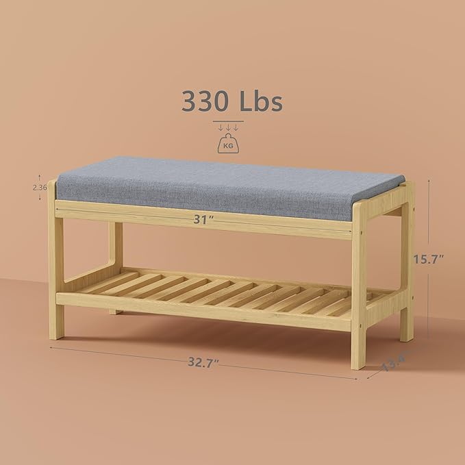 Shoe Bench Entryway, Solid Wood 2-Tier Shoe Rack Bench with Padded Seat, Shoe Organizer for Hallway Living Room, Mudrooms, Natural