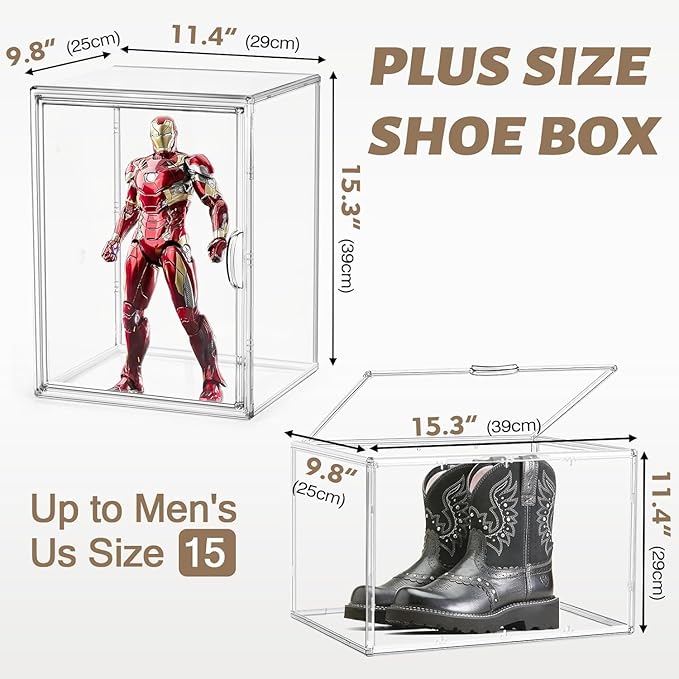 Tall Boot Storage Box 5 Pack, XX-Large Acrylic Shoe Box Sneaker Display Case 11.4'' x 9.8'' x 15.3'' Protection Organizer for Collectibles Clear Plastic Stackable Handbag Organizer with Magnetic Lids