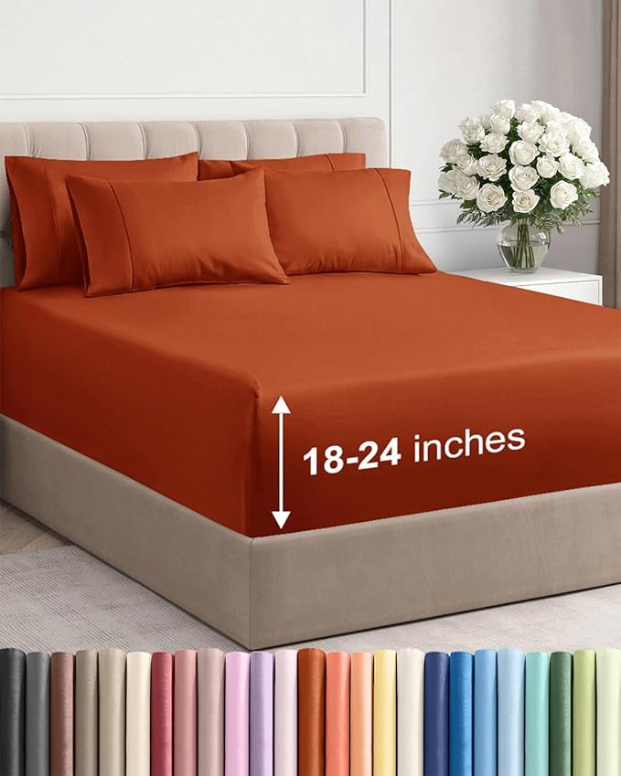 Extra Deep Cal King Sheet Set - 6 Piece Breathable and Cooling Sheets - Hotel Luxury Bed Sheets Set - Easy Fit - Soft, Wrinkle Free and Comfy Sheets Set - Terracotta Sheet Set with Extra Deep Pockets