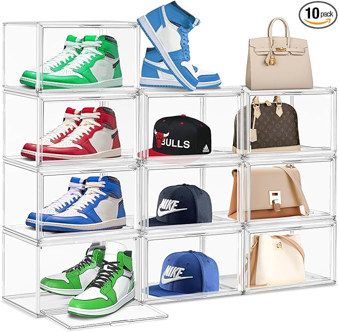 10 Pack Large Acrylic Shoe Box, Size 13 Sneaker Display Case Clear Stackable Display Case with Magnetic Door Toy Hat Collectible Sneakerheads Storage Organizer Bins for Entryway, Closet, Underbed