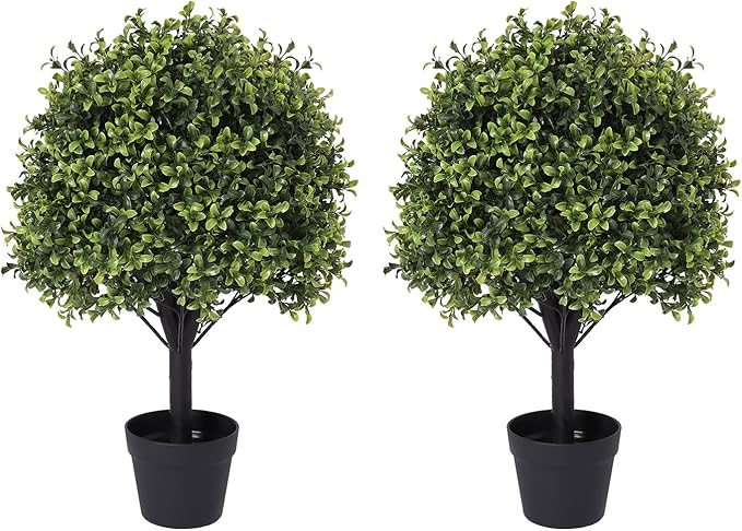 27“ Realistic Artificial Boxwood Topiary Trees Set of 2, Faux Plants Outdoor UV-Resistant, Fake Evergreen Bushes & Shrubs for Front Porch Outside Planter Decor