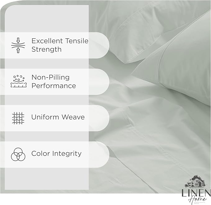 Linen Home 100% Cotton Percale Sheets California King Size, Dove Grey, Deep Pocket, 4 Pieces Set - 1 Flat, 1 Deep Pocket Fitted Sheet and 2 Pillowcases, Crisp Cool and Strong Bed Linen
