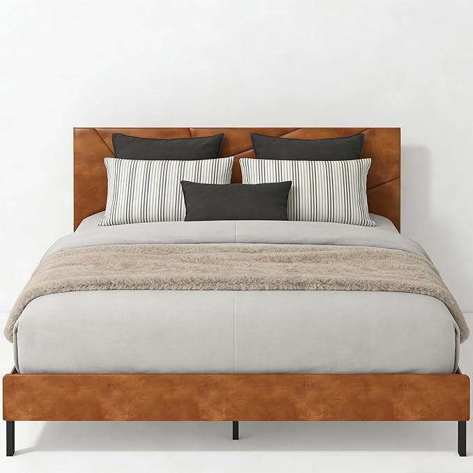 Upholstered Full Size Platform Bed Frame with Faux Leather Padded Headboard, Sturdy Metal Slats Support, No Box Spring Needed, Vintage Brown