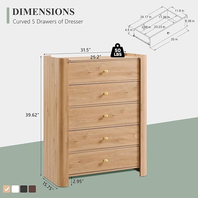 Modern 5 Drawer Dresser for Bedroom, Wooden Chest of Drawers with Curved Profile Design, 39.6" Tall Wood Dresser with Golden Metal Handle for Bedroom, Living Room, Hallway, Natural