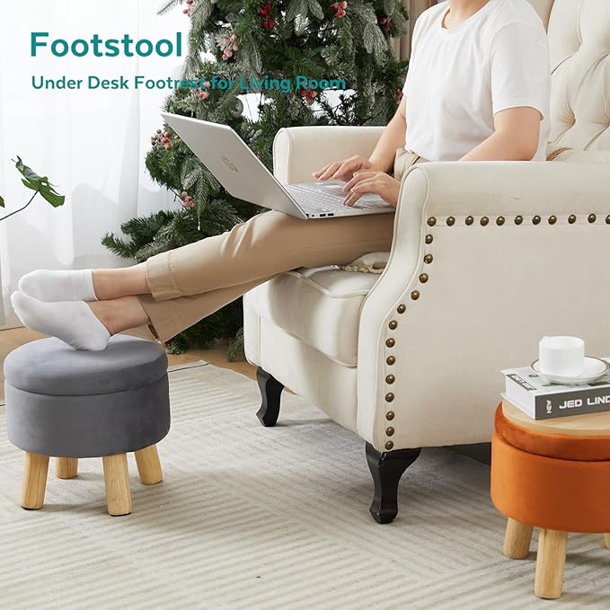 FIMIVIBI Small Foot Stool Ottoman with Storage, Velvet Ottoman Foot Rest for Couch, Round Footstool with Storage, Small Ottomans and Footstools for Living Room and Entryway (Gray)