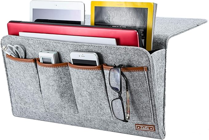 Bedside Caddy, Large Size Storage Organizer with 7 Pockets for Magazine, Remotes, Phone (17.3'' x 18.1'', Light Grey)